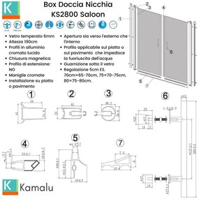 Kamalu - nicchia doccia saloon 70-75cm vetro trasparente ks2800 saloon