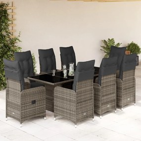 Set bistrò da giardino 9 pz con cuscini in polyrattan grigio