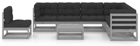 Set divani da giardino 8 pz con cuscini grigio massello di pino