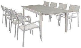 TRIUMPHUS - set tavolo in alluminio e teak cm 180/240 x 100 x 73 h con 8 poltrone Aulus
