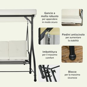 Dondolo Letto da Giardino 3 Posti con Tettuccio Regolabile 195x117x175 cm in Acciaio e Poliestere Crema e Nero...