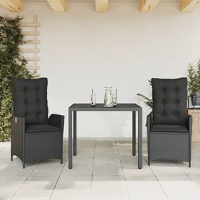 Set da pranzo da giardino 3 pz con cuscini nero in polyrattan