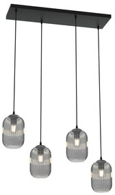 Lampadario 4 Luci Selene In Acciaio Nero E Vetri Plissettati Fumè