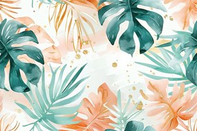 Carta da parati – Foglie tropicali verde-arancio