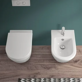 Sanitari sospesi Rimless in ceramica lucida con copriwc originale   Round