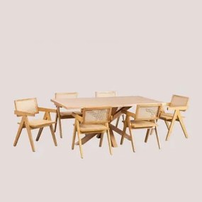 Set Tavolo Da Pranzo Rettangolare In Mdf (180x100 Cm) Pleven E 6 Sedie Con Braccioli In Legno Di Frassino E Rattan Stile Lali Legno Naturale - Sklum