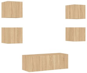 Mobili tv a muro con led 6pz rovere sonoma legno multistrato
