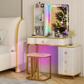 Costway Toeletta da trucco RGB con specchio 7 luci LED dinamiche porte USB type-c e 4 cassetti, Tavolo da trucco Bianco