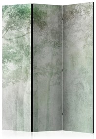 Paravento design Ristoro del bosco (3-parti) - paesaggio di alberi verdi su sfondo grigio