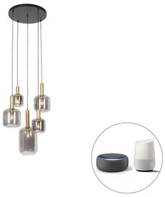 Lampada a sospensione intelligente nera con oro e vetro fumé incl. 5 WiFi A60 - Zuzanna