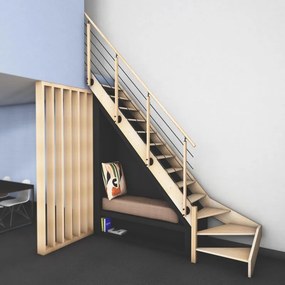Scala 1/4 di giro in basso a sinistra Nostra BURGER, con corrimano a sinistra, struttura in legno abete naturale, gradini in legno faggio, colore faggio naturale