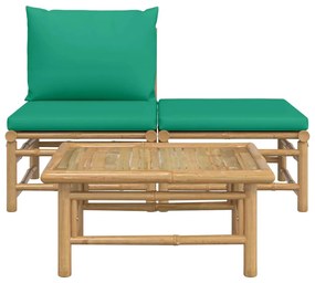 Set salotto da giardino 3pz con cuscini verdi bambù