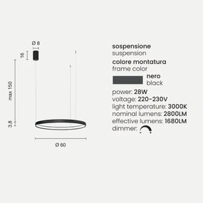 Lampada a sospensione con cerchio orizzontale in metallo Nero 60 cm NOVA