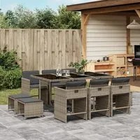 Set da Pranzo da Giardino 11pz con Cuscini in Polyrattan Grigio 3277915