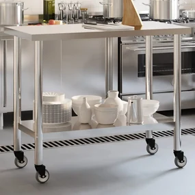 Tavolo Da Lavoro Cucina Con Ruote 110x55x85 Cm İn Acciaio Inox /