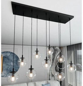 Lampadario a Sospensione in Acciaio e Vetro COSMO 9 Nero 9xE14 Colore delle Sfere Trasparente