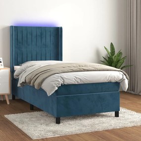 Letto A Molle Con Materasso E Led Blu Scuro 90x200cm İn Velluto /