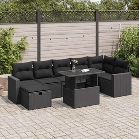 Set divani da giardino con cuscini 8 pz nero in polyrattan