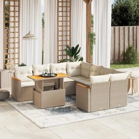 Set divano da giardino 9 pz con cuscini beige in polyrattan