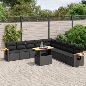 Set divani da giardino 11 pz con cuscini in polyrattan nero