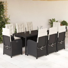 Set da pranzo da giardino 9 pz con cuscini nero in polyrattan