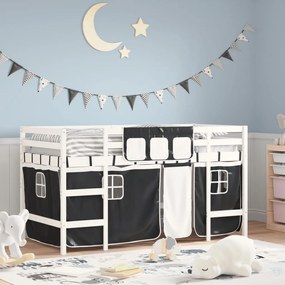 Letto A Soppalco Con Tende Bambini Bianco E Nero 90x200 Cm Pino /