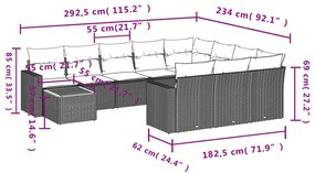 Set divani da giardino 11 pz con cuscini in polyrattan nero