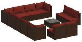 Set divani da giardino 13 pz con cuscini in polyrattan marrone
