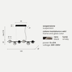 Lampada a sospensione 120 cm in metallo e vetro soffiato Nero a 6 luci MONILE