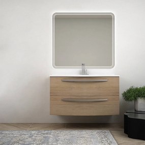 Mobile bagno sospeso curvo 100 cm rovere tabacco con lavabo ceramica e specchio LED Mod. Berlino
