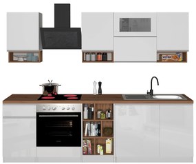 Cucina Lineare SOLE 256 cm - Bianco Lucido e Rovere, Design Moderno