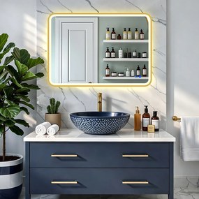 Specchio arrotondato LED con cornice in alluminio dorato