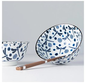 Set di 2 ciotole e bacchette in ceramica blu e bianca Blue Dragonfly - MIJ