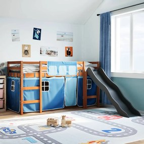 Letto A Soppalco Con Tende Bambini Blu 90x200 Cm Massello Pino /