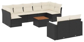 Set divani da giardino 10pz con cuscini in polyrattan nero