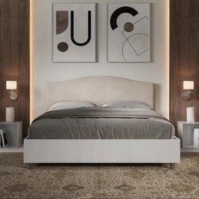 Letto contenitore da 160x190 in legno bianco e testata in microfibra sabbia Grace