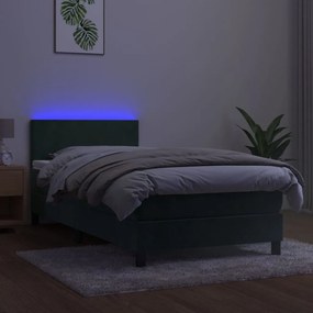 Letto a molle con materasso e led verde scuro 90x200cm velluto
