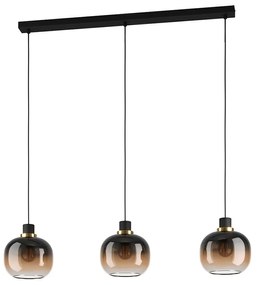 Lampadario Contemporaneo Oilella 3 Luci Acciaio Nero E Ottone Diffusore Marrone