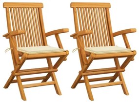 Sedie da Giardino con Cuscini Crema 2 pz in Massello di Teak