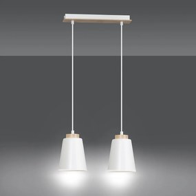 Lampadario 2 Luci Bolero Con Paralumi A Cono In Acciaio Bianco E Legno Naturale