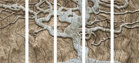 Quadri 5 pezzi – Albero astratto su legno in tonalità beige