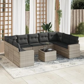 Set divano giardino 10 pz con cuscini grigio chiaro polyrattan