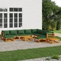 Set Salotto da Giardino 12pz con Cuscini Verdi Legno Massellocod mxl 124291