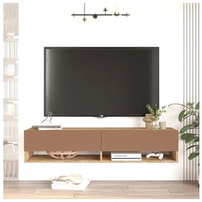 Mobile Tv Sospeso 140x32x30 Effetto Legno 2 Vani Rovere E Rosso Frame