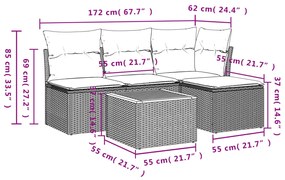 Set divani da giardino 5 pz con cuscini in polyrattan nero