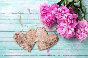 Carta da parati – Peonie e cuori di betulla