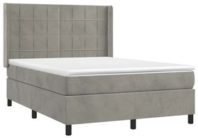 Letto a molle materasso e led grigio chiaro 140x200 cm velluto