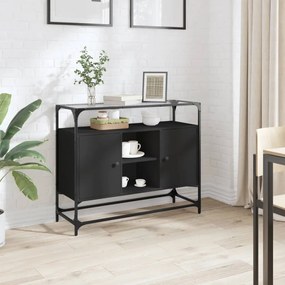 Credenza Con Piano İn Vetro Nero 98x35x81cm Legno Multistrato /