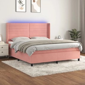 Letto a molle con materasso e led rosa 180x200 cm in velluto