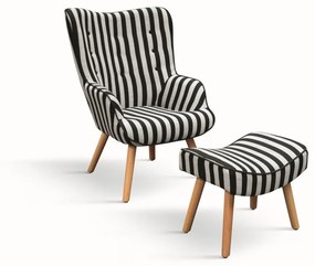 Poltrona HAVANA in tessuto a righe bianco e nero e gambe in legno, con poggiapiedi